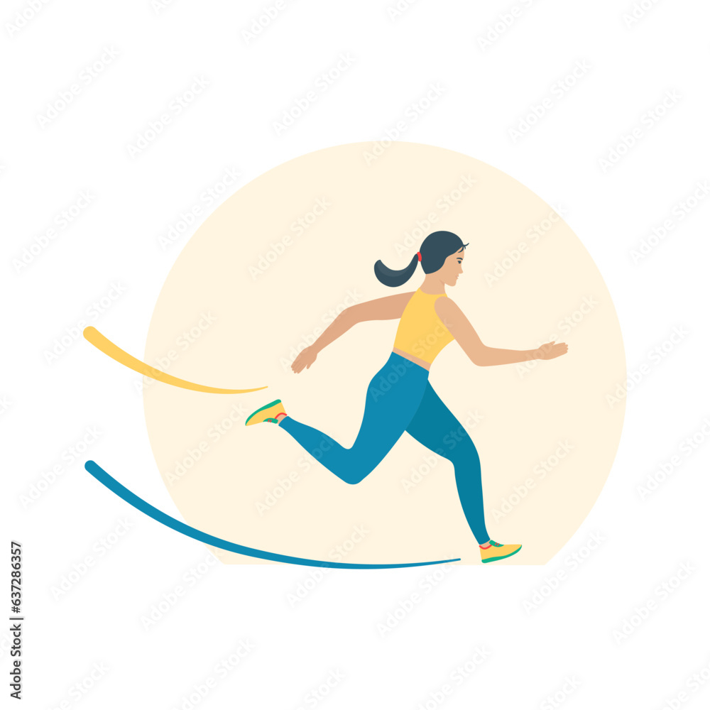 Female athlete running a marathon race. Jogging woman in sportswear. Sport and fitness design in flat style. Rushing businesswoman in competition. Vector illustration.