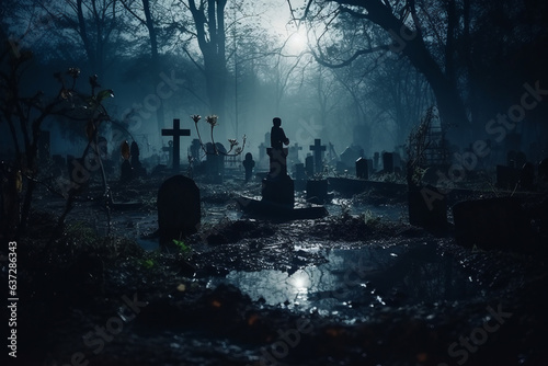 Haunted and creepy old cemetery at night