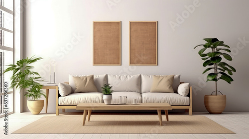 Cozy living room decorated warm tone scandinavian style mixed modern style with soft sofa,spring tree pot and lamp,interior home design concept. Generative Ai © Areerat