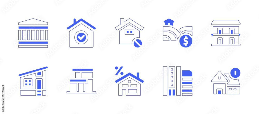 Real estate icon set. Duotone style line stroke and bold. Vector illustration. Containing diplomatic, check mark, house, land, apartments, building, property.