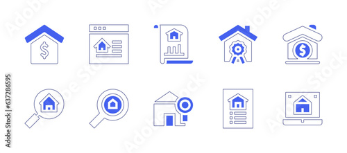 Real estate icon set. Duotone style line stroke and bold. Vector illustration. Containing plan, building, house, refinance. © Huticon
