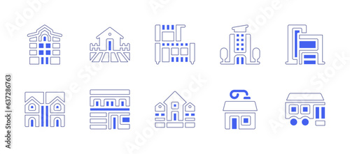 Real estate icon set. Duotone style line stroke and bold. Vector illustration. Containing apartment, farm house, container, penthouse, house, detached, duplex, ranch.
