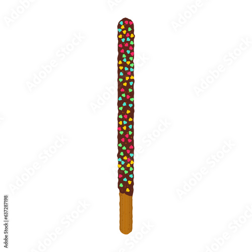 Chocolate chip cookie stick dipped in sprinkles. Decorated popping candy for Pepero day in Korea. Frosted biscuit cake. Vector illustration