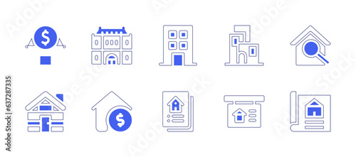 Real estate icon set. Duotone style line stroke and bold. Vector illustration. Containing real estate, chateau, building, house, smart home, cabin, home value, brochure, property. © Huticon
