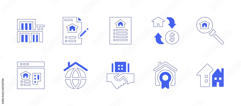 Real estate icon set. Duotone style line stroke and bold. Vector illustration. Containing chalet, contract, real estate, investment, property, globe, deal, medal, village.