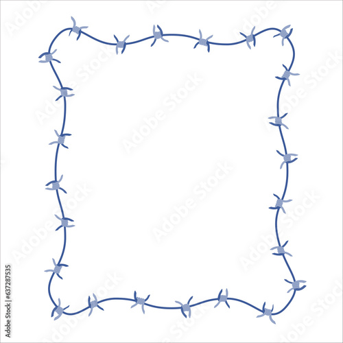 Barbed wire fence border frame illustration. Sharp thorns of barbwire barrier zone. Protection and security concept. Vector illustration.