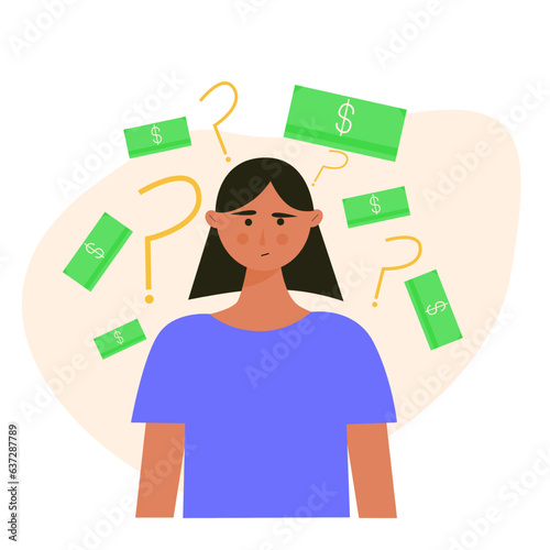 Girl confused thinking about money illustration.