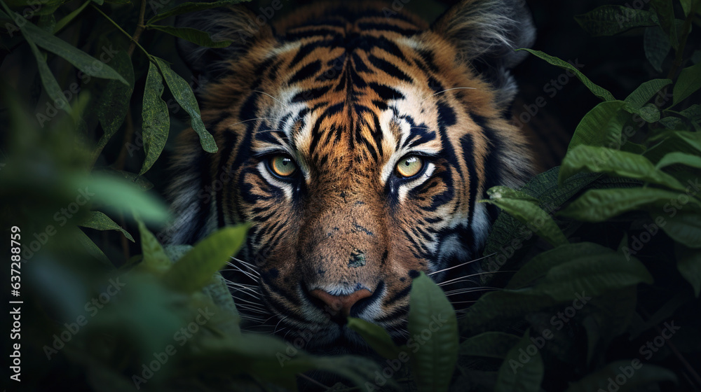 Tiger Close-up hiding in the jungle. Generative Ai Tiger Close-up hiding in the jungle. Generative Ai