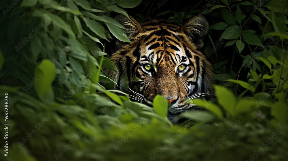 Tiger Close-up hiding in the jungle. Generative Ai Tiger Close-up hiding in the jungle. Generative Ai