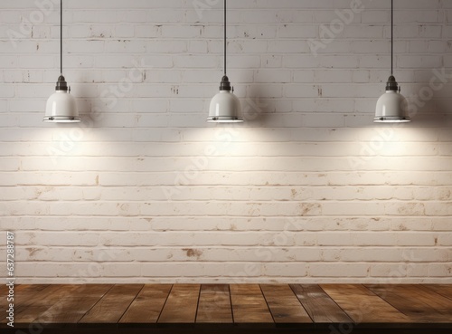 four lights over a white brick wall above a wooden floor, in the style of white, rustic scenes