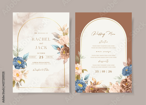 set of wedding invitation card template with dry rose flowers and leaves decoration