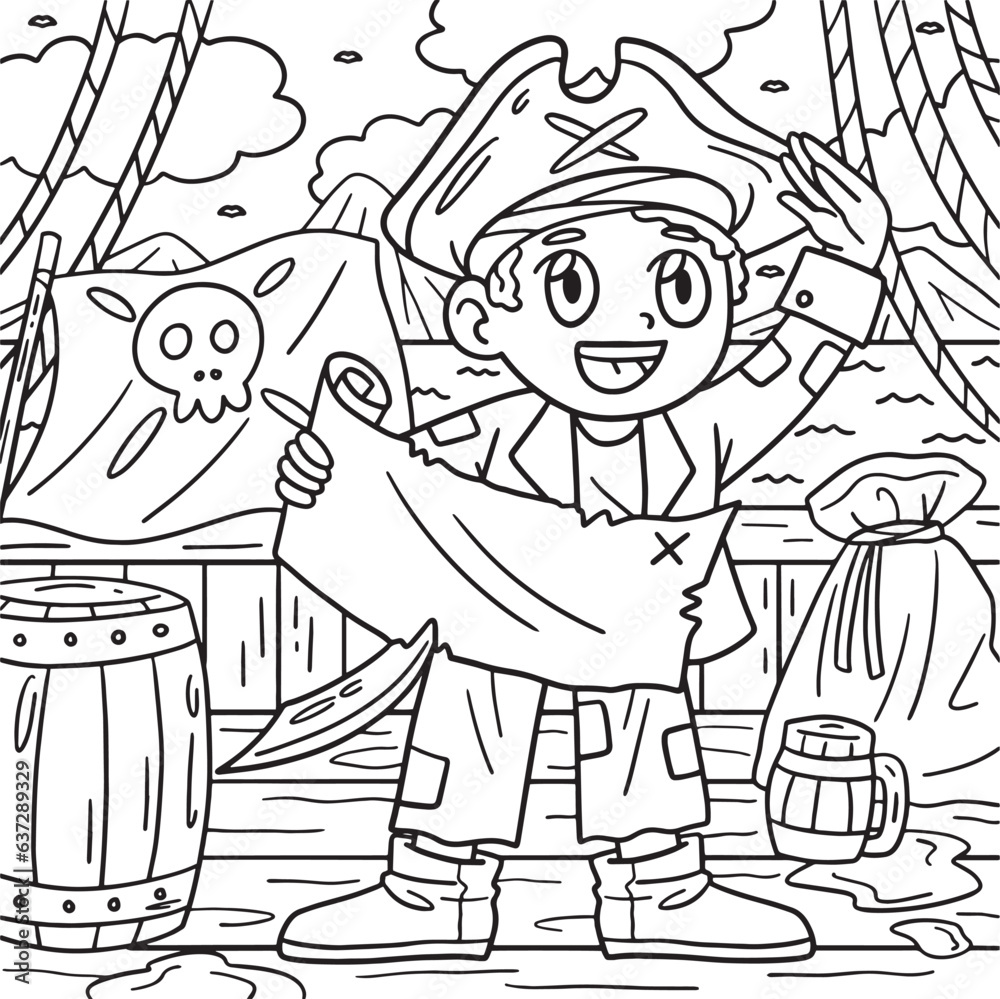 Pirate with Treasure Map Coloring Page for Kids