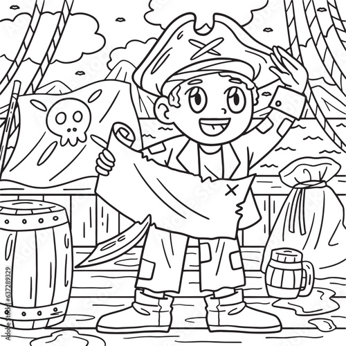 Pirate with Treasure Map Coloring Page for Kids