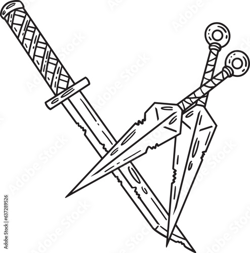 Ninjato and Kunai Isolated Coloring Page for Kids