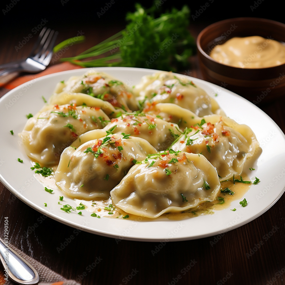 Polish dish pierogi with sour cream in a plate close-up Polish dish pierogi with sour cream in a plate close-up