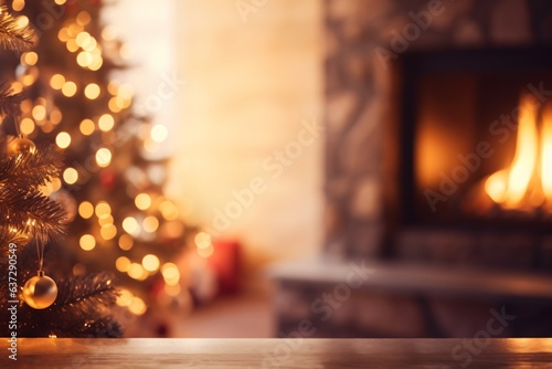 Blurred Christmas background with fireplace, Generative AI