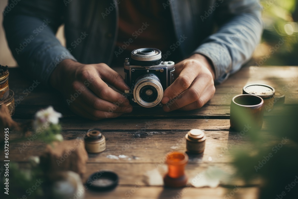 Close up male hands arms holding fixing old vintage camera hobby ...