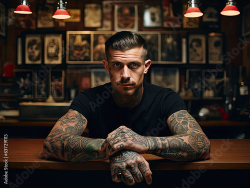portrait of a tattooed rugged man sitting with his arms crossed