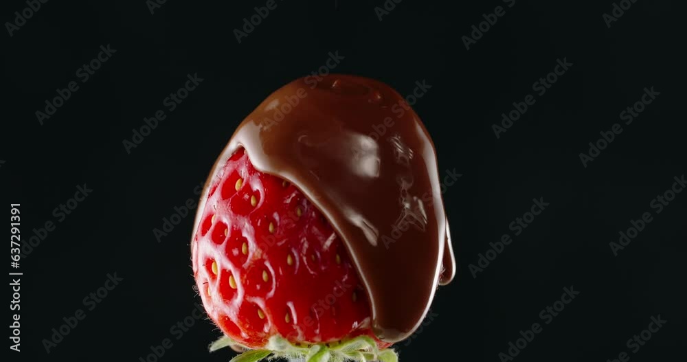 Ripe Red Juicy Strawberry Slowly Covered with Molten Chocolate. Berries with Choco Mousse. Strawberry in Melted Chocolate close-up, chocolate bar for fondue. Tasty snack on black background