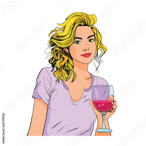 Blonde woman with glass of wine, pop art girl portrait.