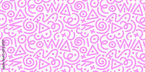 Cute pink seamless pattern with various lines and shapes. Repeating patterns in 90s style for wrapping paper, design. Vector stock illustration isolated on white background.