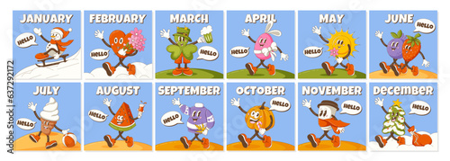 Hello every month. Retro groovy characters, symbol months of year and holidays. Cartoon vector collection. Square seasonal background, for social media, poster, banner
