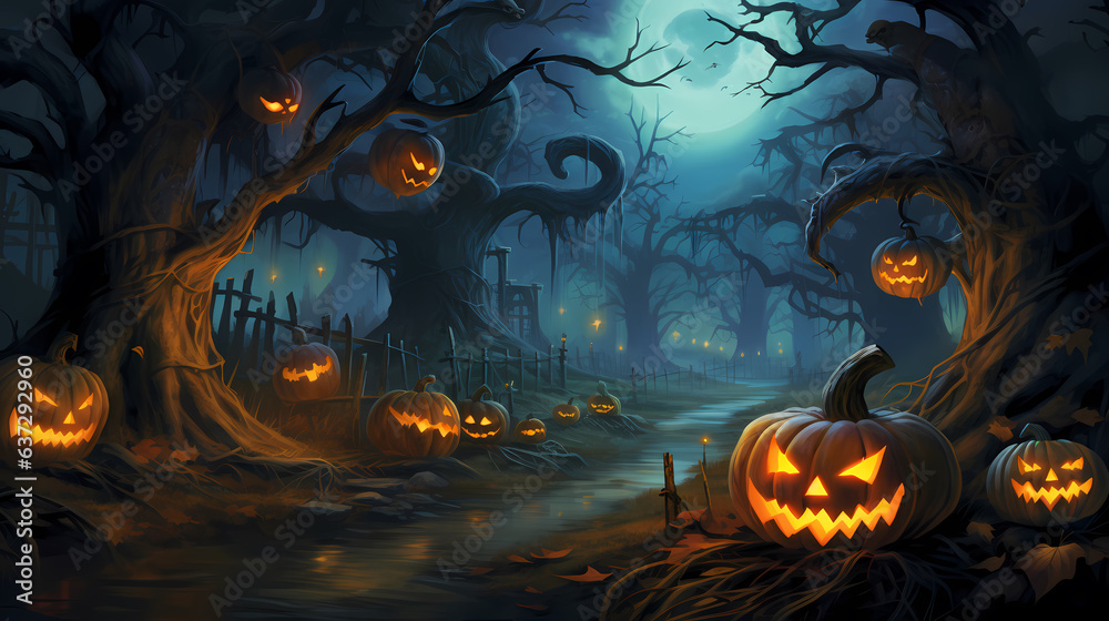 Halloween background with pumpkins and winding pathway through a dark forest Halloween background with pumpkins and winding pathway through a dark forest