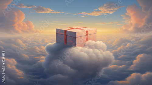 Gift Box with Pink Bow Floating in the Sky