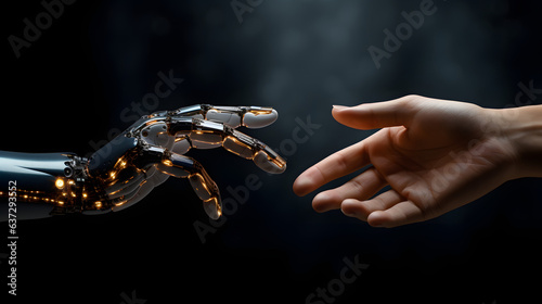 The human finger delicately touches the finger of a robot's metallic finger. Concept of harmonious coexistence of humans and AI technology © visuallabel