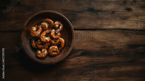 Top view of a rustic background with a copy space featuring a meal of spicy shrimp, prawns.