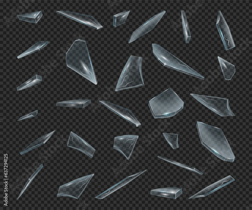 Shards of broken glass, realistic pieces on transparent background. Vector abstract explosion, 3D fragments of crystals of triangle shape, shattered particles motion. Glass crash