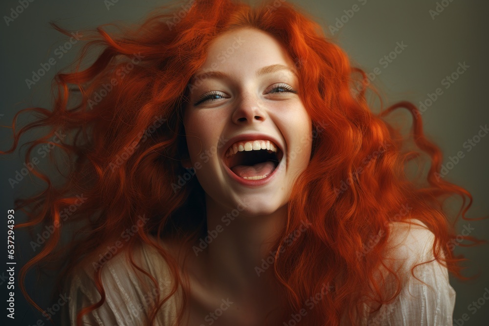portrait of a beautiful laughing open-mouthed girl with red curly hair close-up