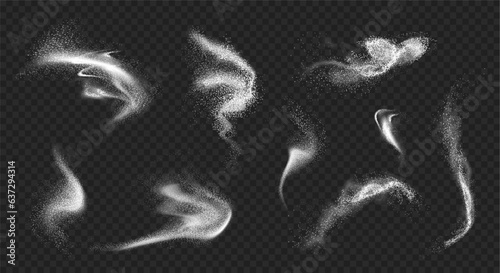 Falling white powder, sugar or salt, cooking flour grains, realistic illustration collection. Isolated splashes and splatter of talc, graininess of product texture of minerals or spray