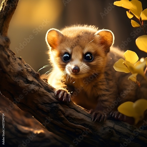 Adorable Baby Kinkajou Clinging to Tree Branch in Dappled Sunlight