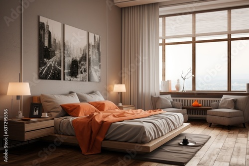 modern interior design of the bedroom with a large double bed and a large window, a calm cozy atmosphere