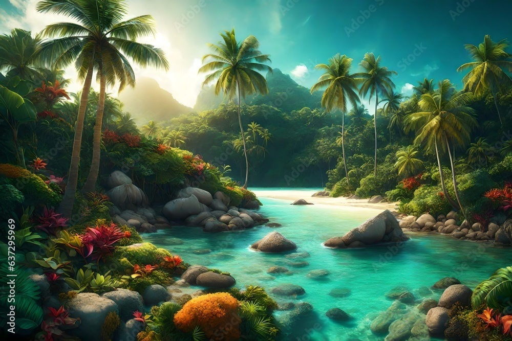 Tropical island with palm trees, sea, and rocks