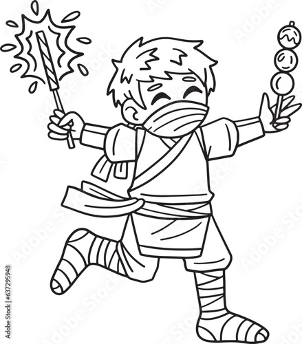 Ninja with Sparklers and Dango Isolated Coloring 