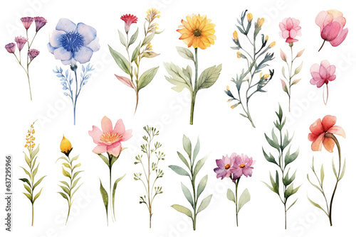 set of watercolor flower illustrations on clear background for decoration, print, wallpaper