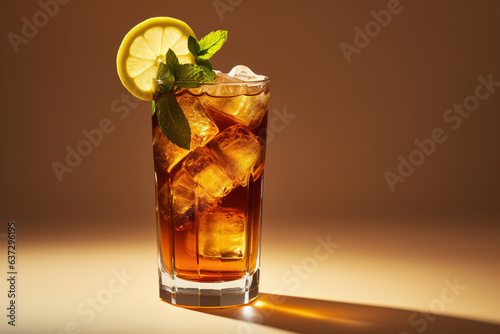 In a highball glass against a beige backdrop, a Long Island Iced Tea cocktail emerges, embodying a mix of vodka, rum, tequila, gin, liqueur, lemon juice, and cola, garnished with lemon slice and mint