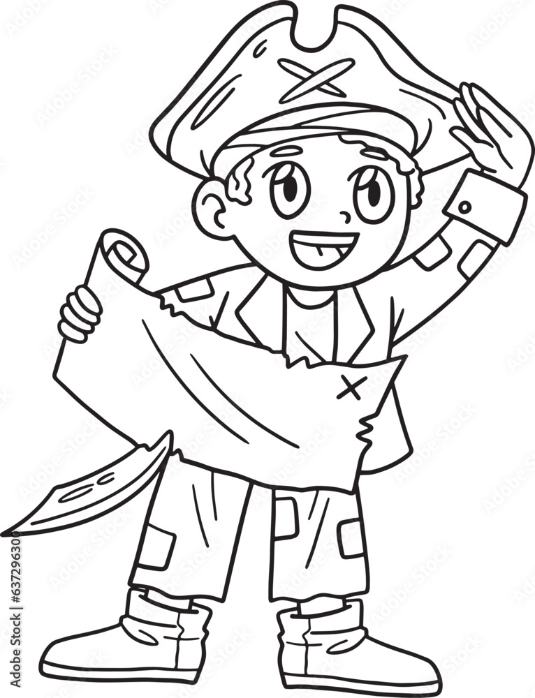 Pirate with Treasure Map Isolated Coloring Page