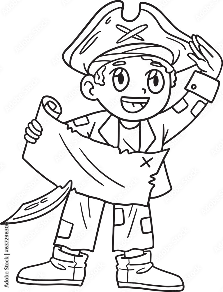 Pirate with Treasure Map Isolated Coloring Page Pirate with Treasure Map Isolated Coloring Page