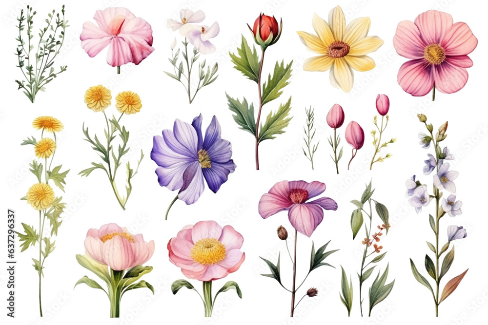 set of watercolor flower illustrations on clear background for decoration, print, wallpaper