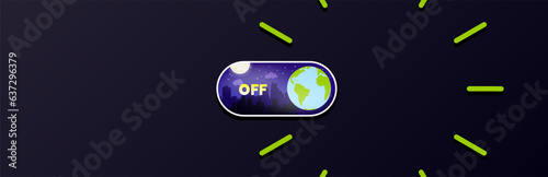 Earth Hour Banner Background. Light Switch Concept inside a clock. Dark City silhouette inside a on and off switch with the planet Earth for Earth hour. Vector Illustration. EPS 10.
