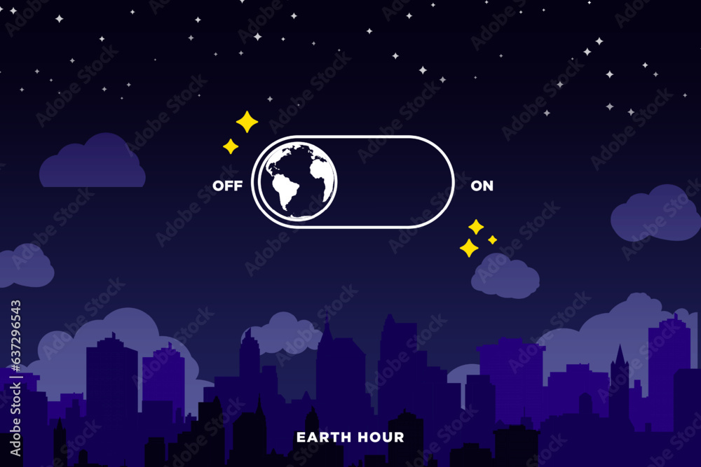 Earth Hour. On and Off switch with earth icon on blue night sky with stars and cityscape silhouette. Vector Illustration. EPS 10.
Earth Hour. On and Off switch with earth icon on blue night sky with stars and cityscape silhouette. Vector Illustration. EPS 10.