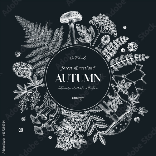 Autumn card or invitation on chalkboard. Thanksgiving wreath design. Decorative wreath with realistic fall leaves, mushrooms, ferns, forest plants sketches. Hand drawn vector illustration