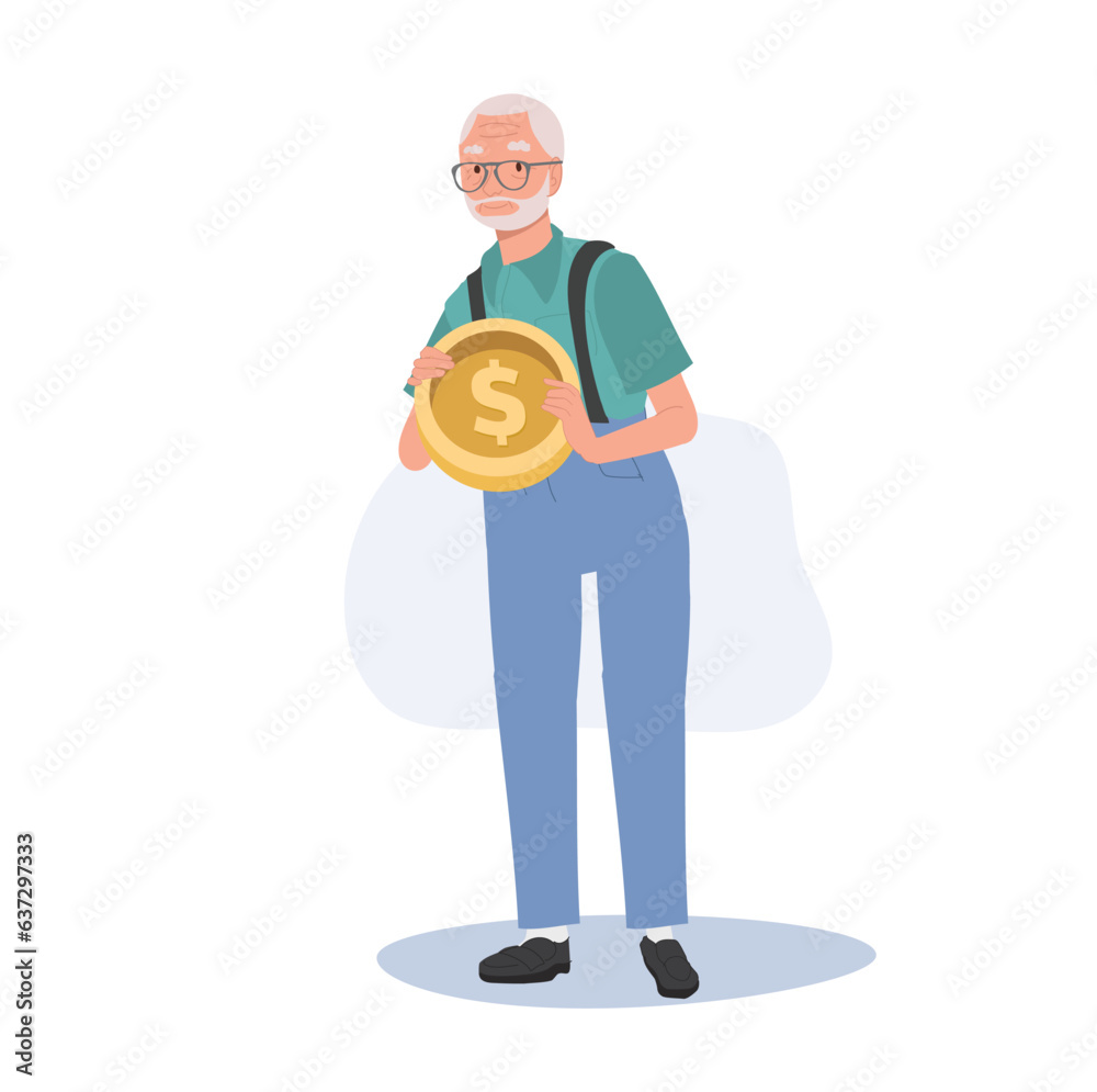 Aged Wealth Management, Retirement Finance concept. Happy Senior man Smiling while Holding big coin.
