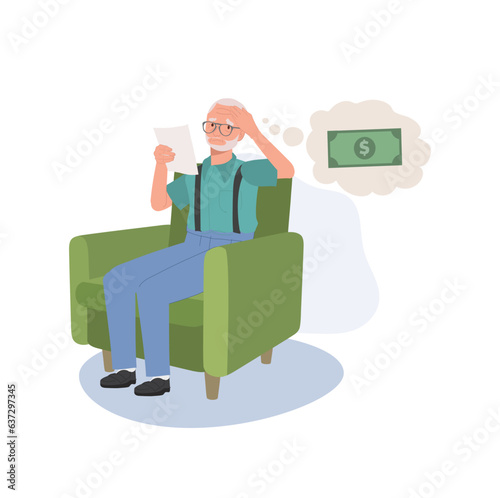 Retirement Money Concerns. Elderly man worried and Stressed About Bills and Financial. Flat vector cartoon illustration