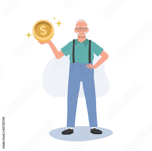 Financial concept. Happy Elderly man Holding Coin. Wealthy Aged man Showing Currency in Hand