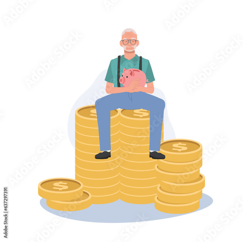 Financial Success. Happy Elderly man Holding Piggy Bank Sitting on Coin Stack. Flat vector cartoon illustration