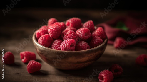 Tasty ripe raspberries in bowl on wooden table, top view.